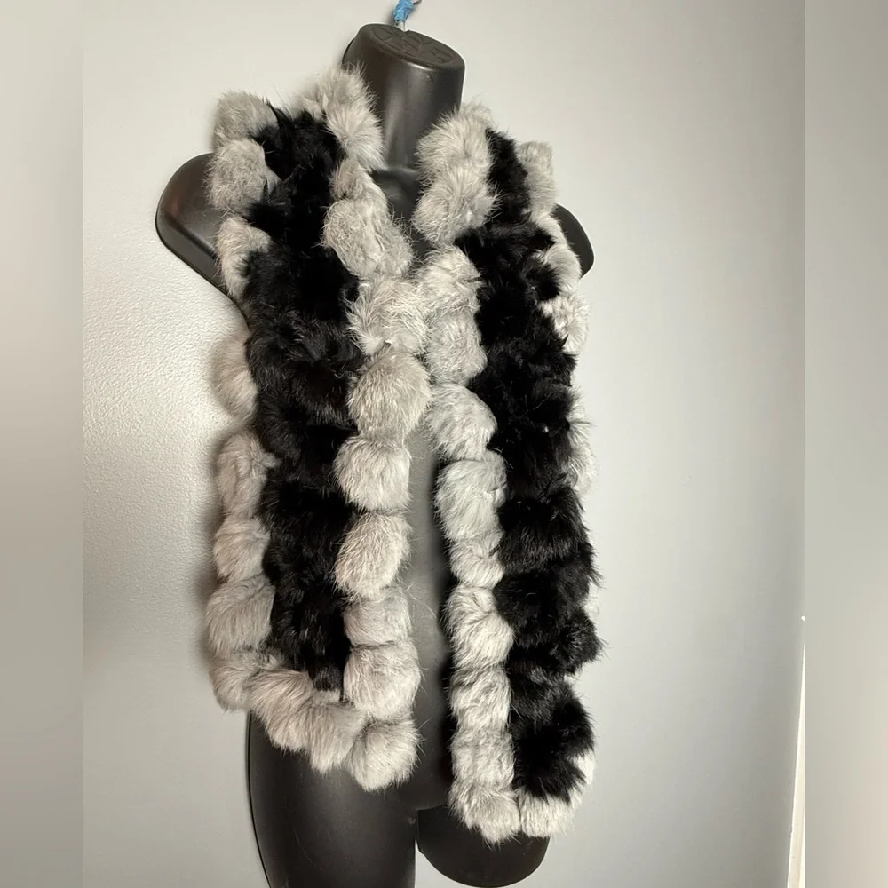 Vintage Rabbit Fur Pom Pom Scarf Black & Grey 5x54 EUC Velvety Soft